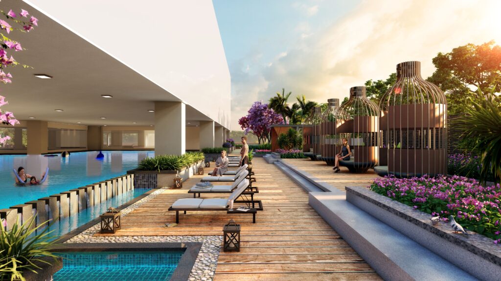 A premium clubhouse area with a swimming pool, wooden deck, and lounge seating in a modern gated community.