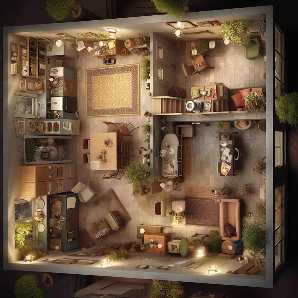 A 3D render from a top-down perspective showing a large apartment layout with intricate detail, multiple rooms, furniture, area rugs, and a wide central dining area.