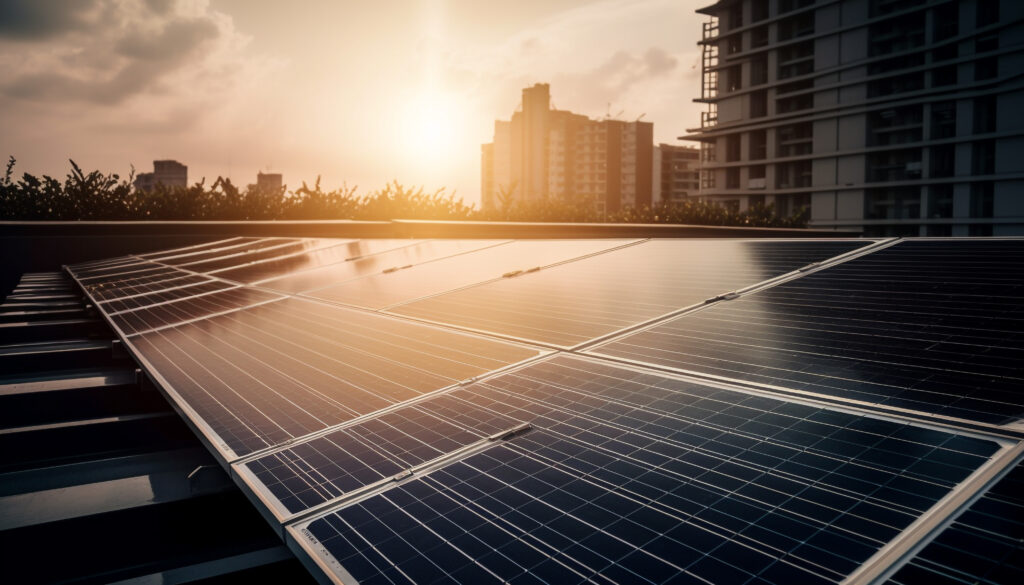Rooftop solar panel array generating clean energy for a residential building.