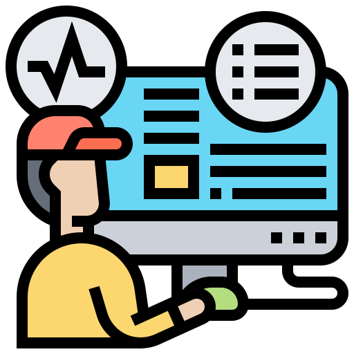 An illustration of a person working at a computer monitor that displays various data charts and list icons.