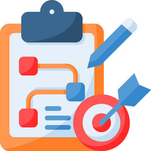 A clipboard with a flowchart and a target with an arrow, representing strategic planning and hitting goals.