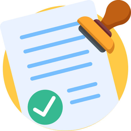 A document being stamped with a checkmark, representing legal approval or a signed agreement.