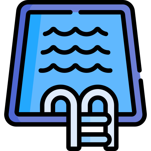 Graphic icons representing three amenities: a pool, a person on a treadmill, and a clubhouse.