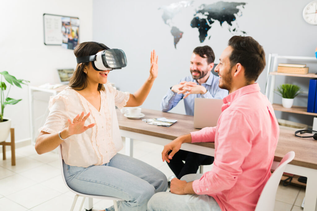 Person wearing a VR headset exploring a virtual 3D architectural model.