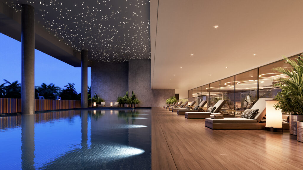 Luxury residential amenity featuring indoor swimming pool within gated community