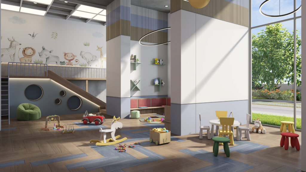 On-site childcare facility within residential community infrastructure supporting families