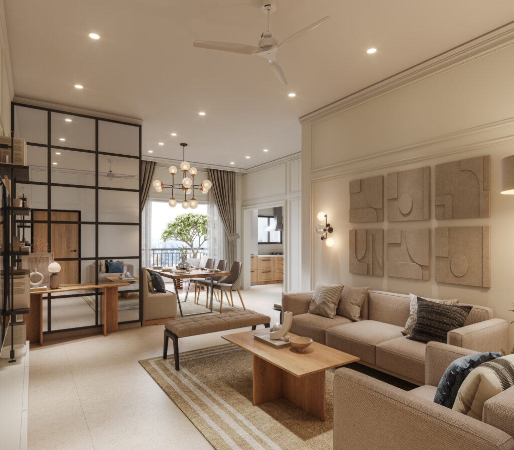 Open-plan apartment layout showing integrated living and dining space design