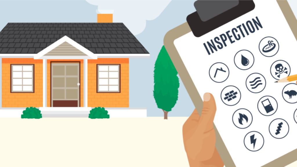 A cartoon illustration of a house inspection. A hand holds a clipboard labeled "INSPECTION" with various icons representing home systems like roofing, plumbing, electrical, and pest control.