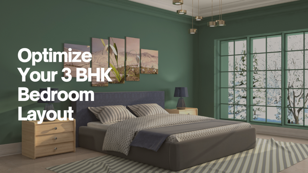 Modern 3 BHK master bedroom with a neutral color palette and elegant lighting.