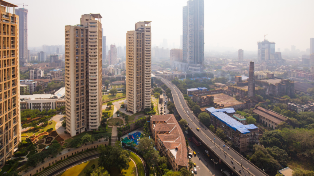 Urban real estate landscape showing high-rise residential development integrated with transport infrastructure